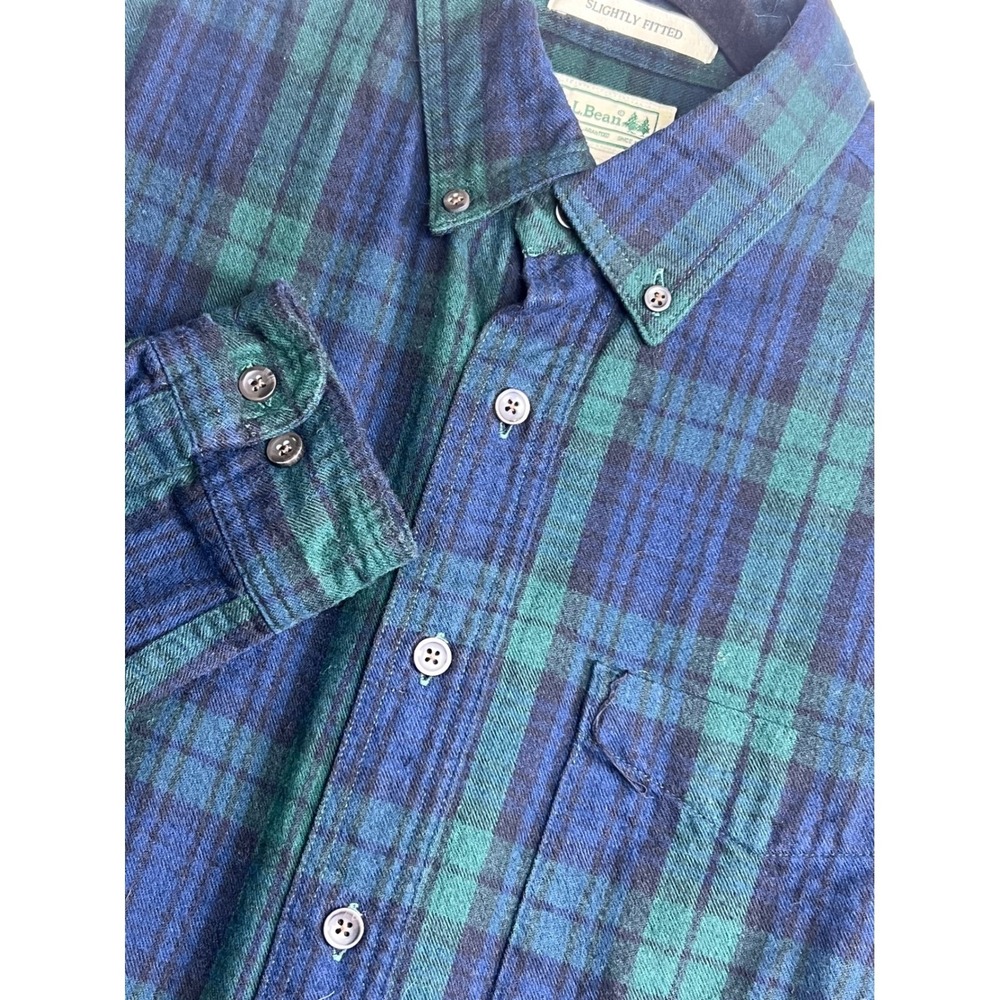LL Bean Flannel Shirt Mens Black Watch Plaid Cotton Slightly Fitted M Tall Green